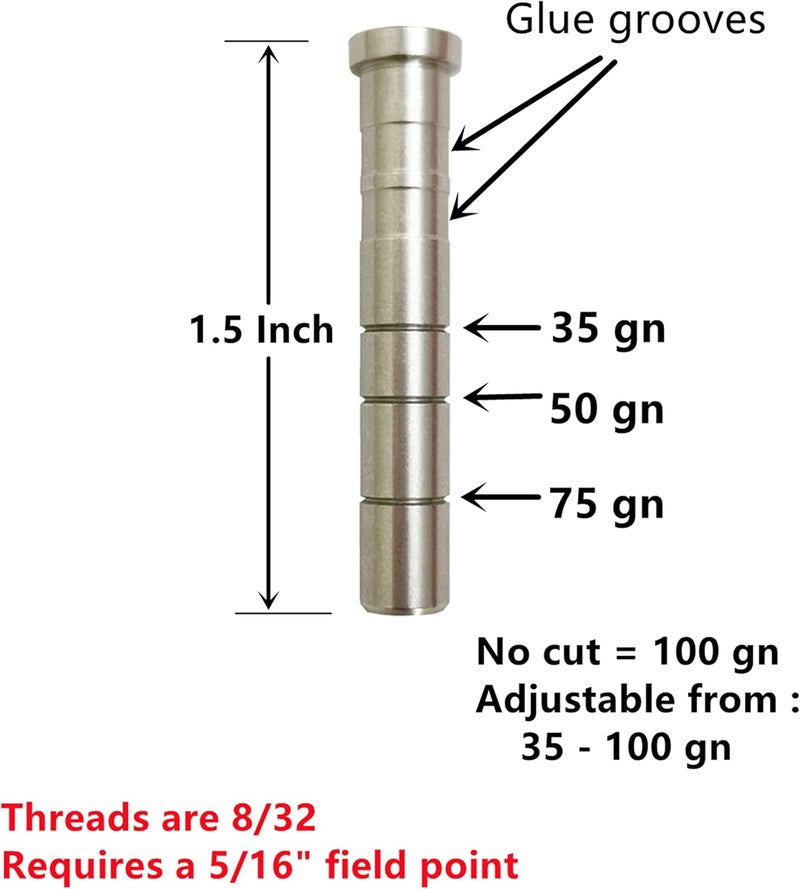 ZOEKO Stainless-Steel Arrow Inserts Suitable for ID .204" .244" Carbon Arrows, Suitable for 5/16" Field Points, Cuttable from 35-200 Grain (A Dozen) - Image 2